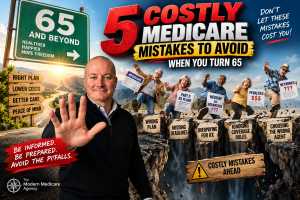 Medicare agent Paul Barrett holds up his hand to warn people turning 65 about five costly Medicare mistakes, including missing deadlines, choosing the wrong plan, prescription costs, coverage rules, and choosing the wrong agent