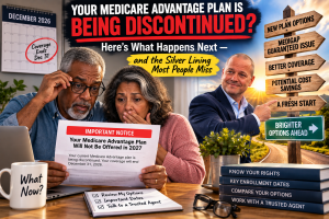 A concerned older Black couple reads a notice that their Medicare Advantage plan will not be offered in 2027 while Medicare agent Paul Barrett points toward new coverage options, including Medigap guaranteed-issue rights.