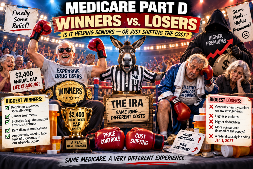 Medicare Part D winners-versus-losers boxing graphic showing seniors with expensive specialty drugs benefiting from the 2027 $2,400 out-of-pocket cap while healthier seniors using inexpensive generic drugs face rising premiums, deductibles, and coinsurance.