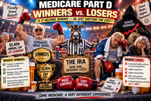 Medicare Part D winners-versus-losers boxing graphic showing seniors with expensive specialty drugs benefiting from the 2027 $2,400 out-of-pocket cap while healthier seniors using inexpensive generic drugs face rising premiums, deductibles, and coinsurance.