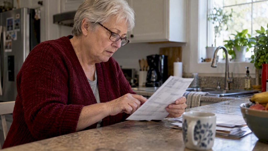 Senior checking a payroll deduction on a pay stub