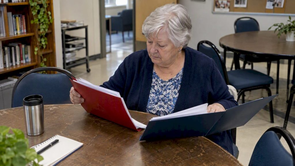Senior comparing two insurance policy folders