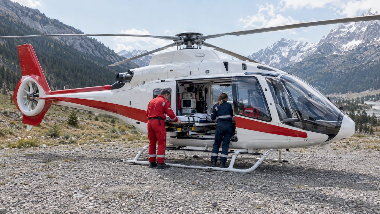 Air ambulance helicopter at a remote landing area