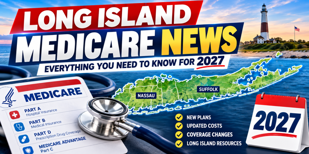 Alt Text: Long Island Medicare News 2027 guide featuring a map of Nassau and Suffolk counties, Medicare card, and updates on Medicare plans, costs, and coverage changes.