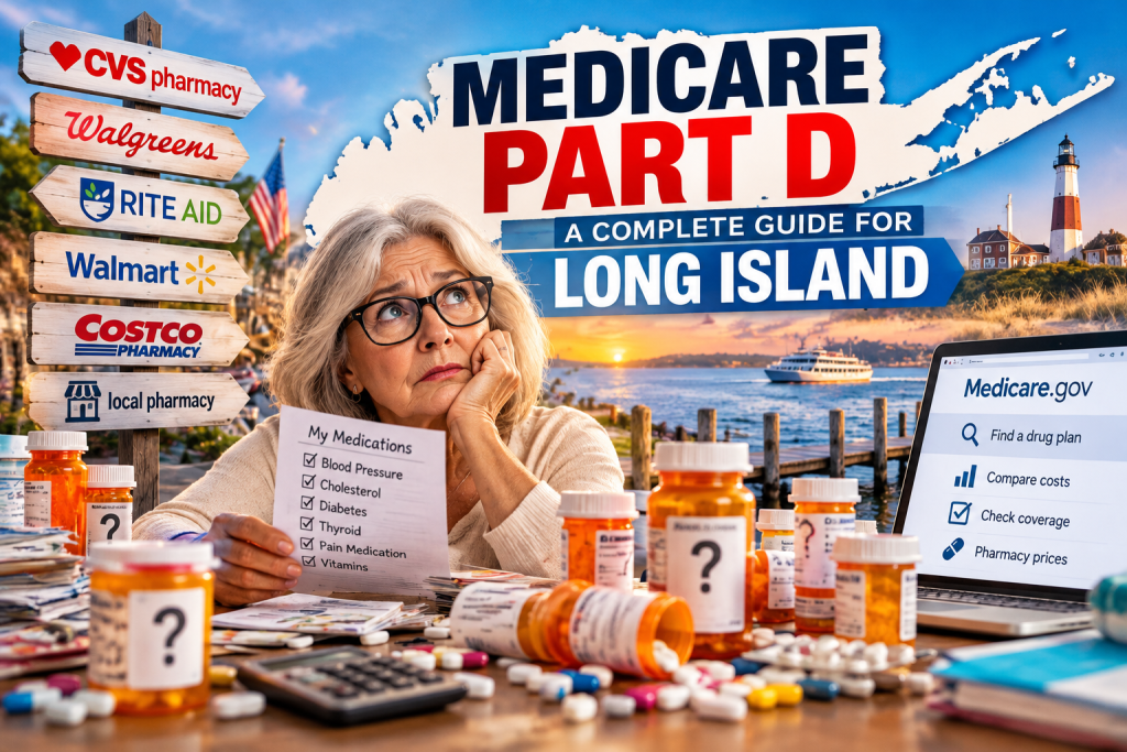 Medicare Part D guide for Long Island residents featuring a confused senior woman surrounded by prescription pill bottles, pharmacy signs, medication lists, and Medicare plan comparison tools, with a Long Island map and Montauk Lighthouse in the background.