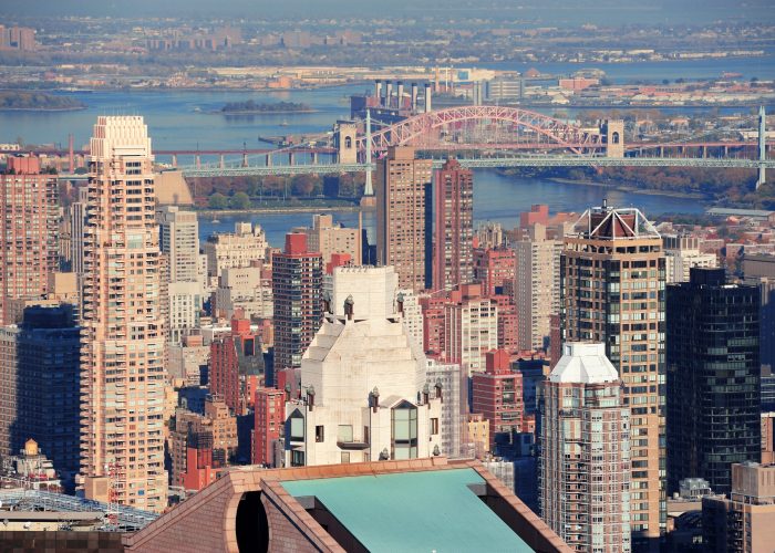 New York City skyscrapers in midtown Manhattan aerial panorama view in the day.