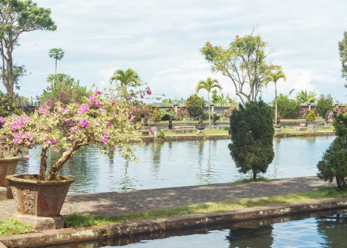 Tirtagangga water palace with fountains  and ponds on Bali, Indonesia
