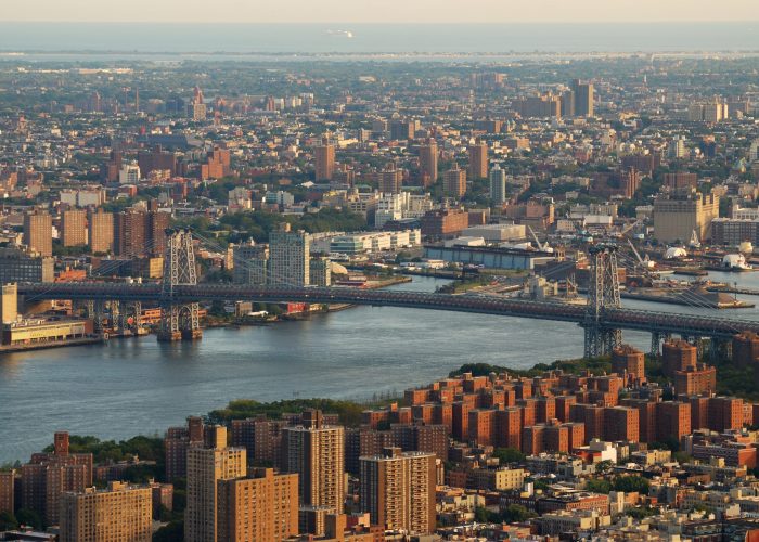 New York City Manhattan east Hudson River aerial view with Williamsburg Bridge and Brooklyn